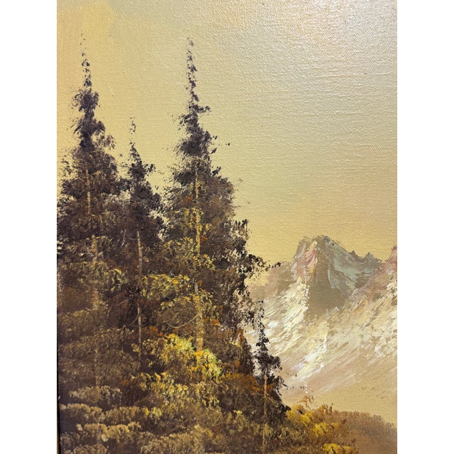 Alpine Mountain Lake Landscape Original Oil Painting, Vintage For Sale - Image 4 of 12