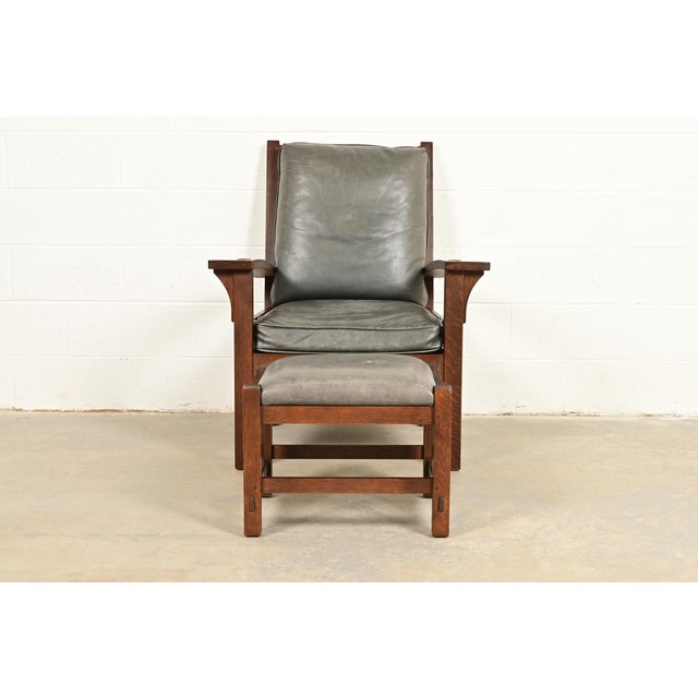 L. & J.G. Stickley, Inc. Stickley Mission Oak Arts & Crafts Bow Arm Lounge Chair With Ottoman For Sale - Image 4 of 12