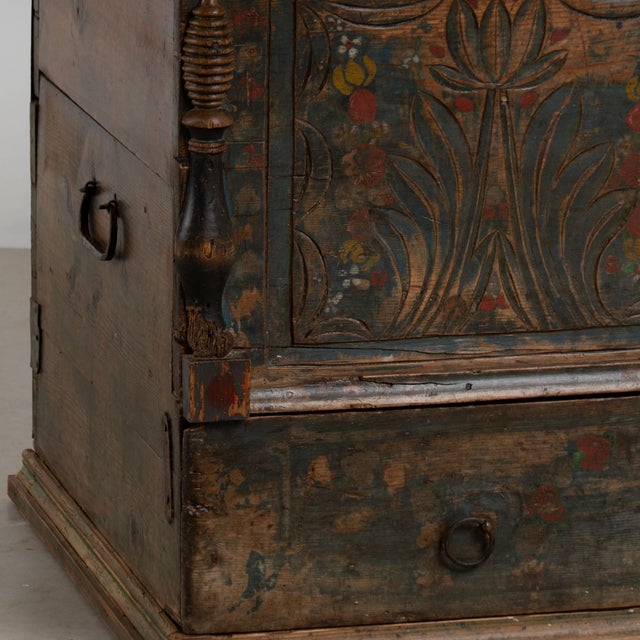 19th Century Blue Painted Carved Flat Top Trunk With Drawer From Hungary For Sale - Image 13 of 14