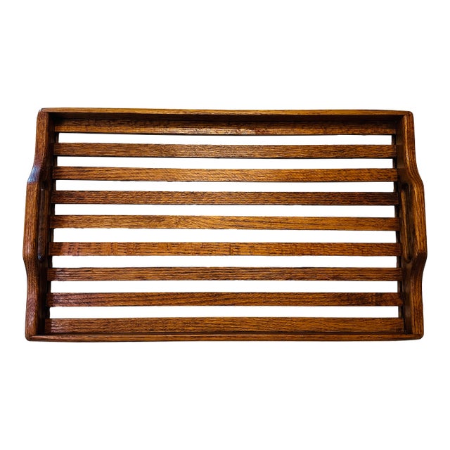 Vintage 1970’s Large Oak Slat Tray With Handles For Sale