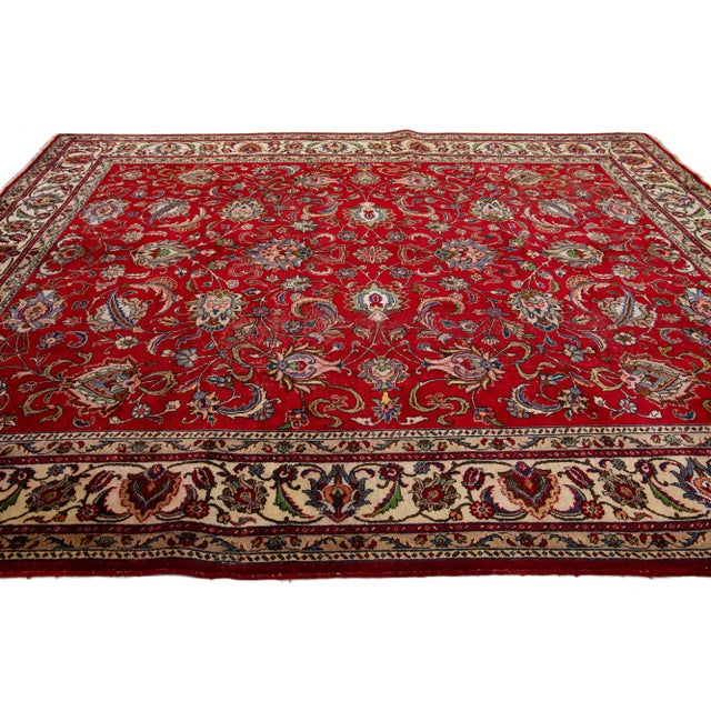 1960s 1960s Red Vintage TabrizHandmade Wool Rug With Floral Pattern For Sale - Image 5 of 7