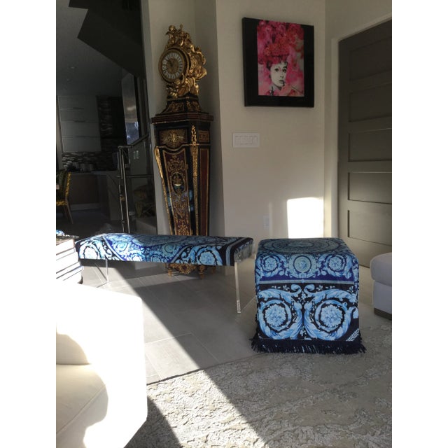 Versace Large Lucite Charles Hollis Style With Versace Upholstery Baroque Blue Black Velvet Show Piece For Sale - Image 4 of 11