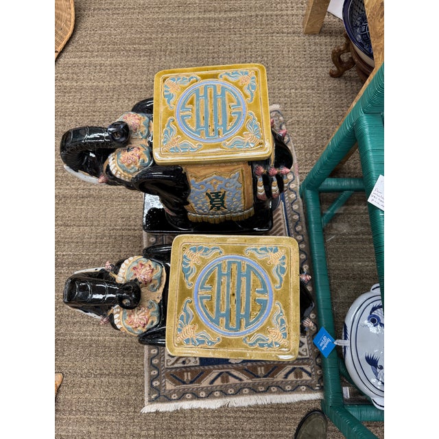 Vintage Colorful Black Porcelain Elephant Garden Stools, a Pair For Sale - Image 12 of 12