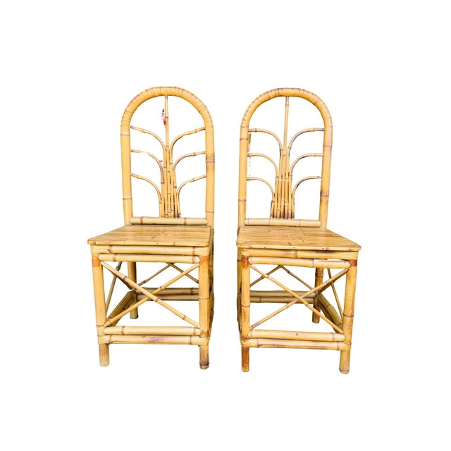 Pair of Vintage Hollywood Regency Bamboo & Rattan Dining Chairs | Palm Beach Coastal Chinoiserie Bent Bamboo High-Back Accent Chairs For Sale - Image 9 of 13