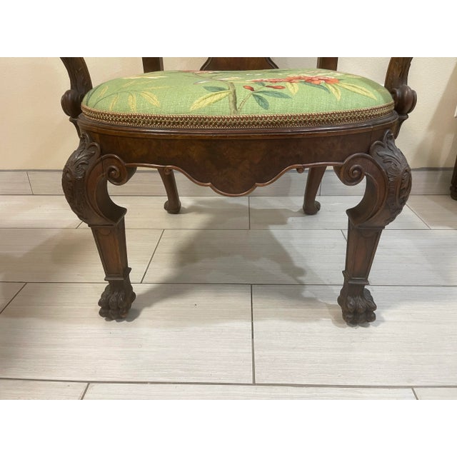 Antique Late 19th Century Finely Carved Eagle Head Queen Anne Style Armchair in Scalamandré Linen Print For Sale - Image 4 of 12