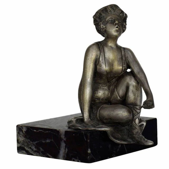 Art Deco 1920s Art Deco Nickel Plate Smoking Flapper on Marble Base For Sale - Image 3 of 5