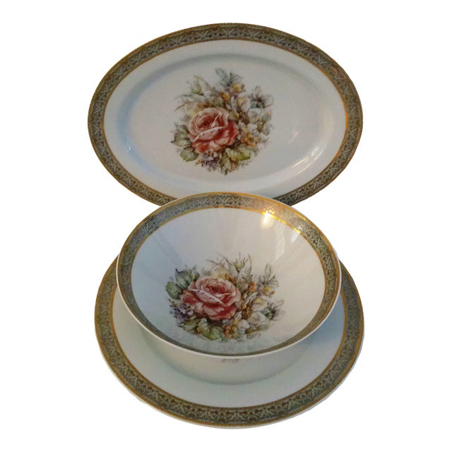 Vintage T. Limoges Italy 24k Gold Floral Serving Pieces, Set of 3 For Sale