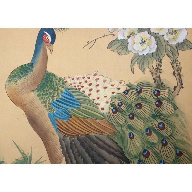 Circa 1970s Chinoiserie Style Painted Silk Screen "Peacock and Magnolia" For Sale - Image 10 of 18