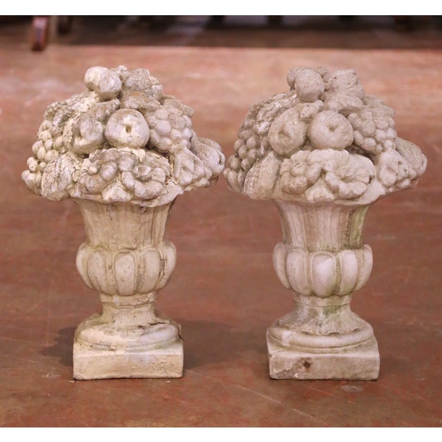 French Pair of Mid Century French Carved Weathered Concrete Outdoor Vases For Sale - Image 3 of 7