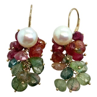 Late 20th Century Pair of Estate 14k Gold Pearl & Multi‑Color Tourmaline Cluster Drop Earrings For Sale