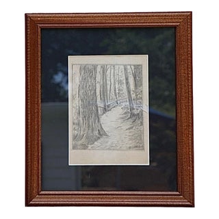 Framed w.c. Vincent Pencil Sketch of a Forest Scene For Sale