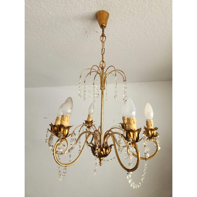 Vintage Hollywood-Regency Gold-Plated Cascade 6-Light Waterfall Chandelier with Crystal Pendants, 1960s For Sale - Image 13 of 18