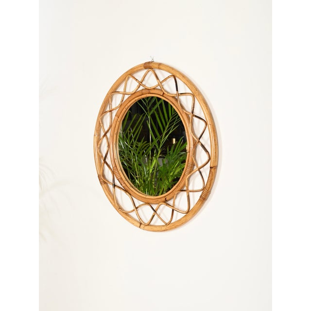 Wood Mid-Century Italian Round Mirror in Curved Bamboo, Rattan and Wicker Frame, 1960s For Sale - Image 7 of 10