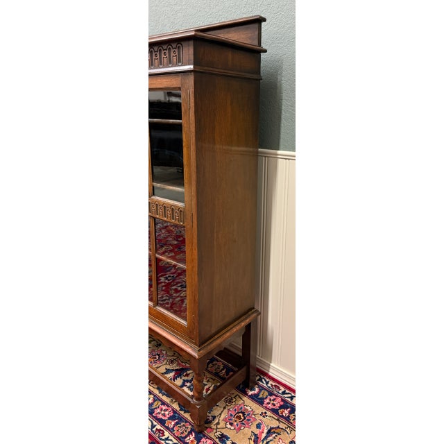 Antique English Jacobean Bookcase Bookshelf Cabinet Triple Glass Door Oak C1930s For Sale - Image 14 of 18