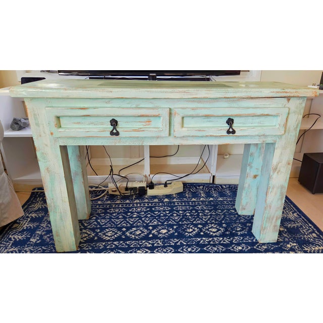 Wood Mexico Painted Rustic Distressed Light Green Blue Aquamarine Entryway Console Table For Sale - Image 7 of 7