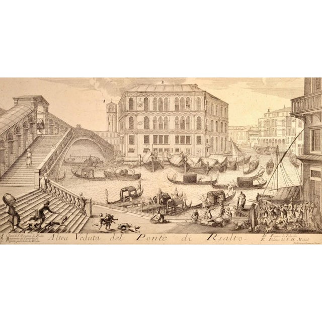 This is an early 18th century etching of the Grand Canal and Rialto Bridge in Venice entitled "Altra Veduta del Ponte di...