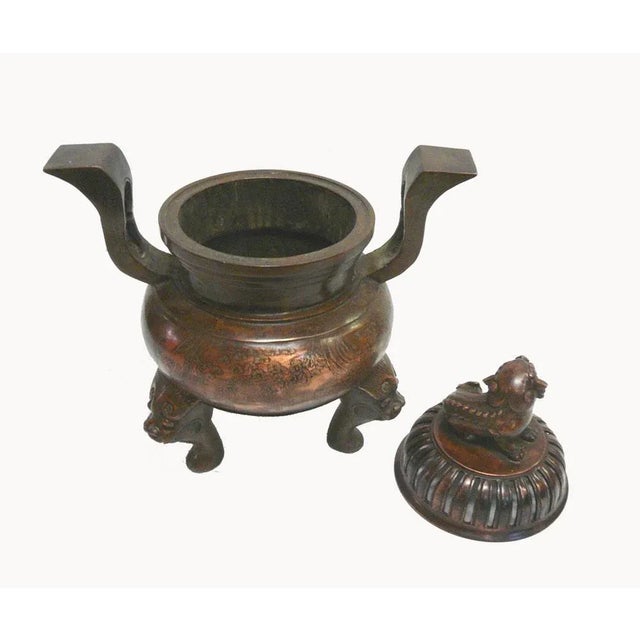 Chinese Chinese Bronze Foo Dogs Graphic Incense Burner For Sale - Image 3 of 7