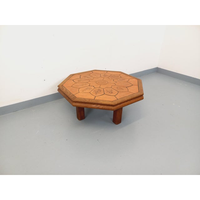 Octagonal Oak Coffee Table from Barrois with Vallauris Ceramic Herbarium Top, 1960s For Sale - Image 14 of 17