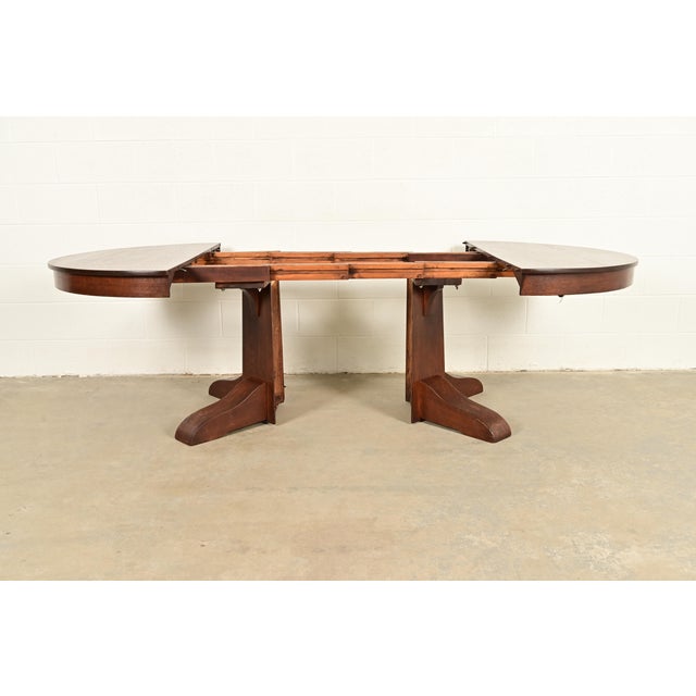 Gustav Stickley Style Antique Mission Oak Arts & Crafts Split Pedestal Extension Dining Table, Circa 1910 For Sale In South Bend - Image 6 of 10