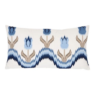 Schumacher Tulip Flamestitch Lumbar Pillow in Blue For Sale