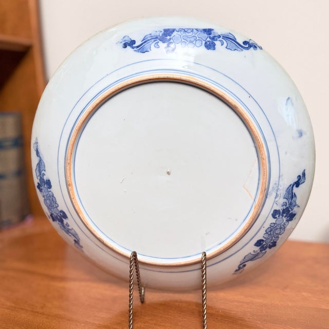 Ceramic Pair of Antique Japanese Meiji Period Blue & White Porcelain Chargers — Crane & Calligraphy, Scalloped Rim, c.1880–1910 For Sale - Image 7 of 12