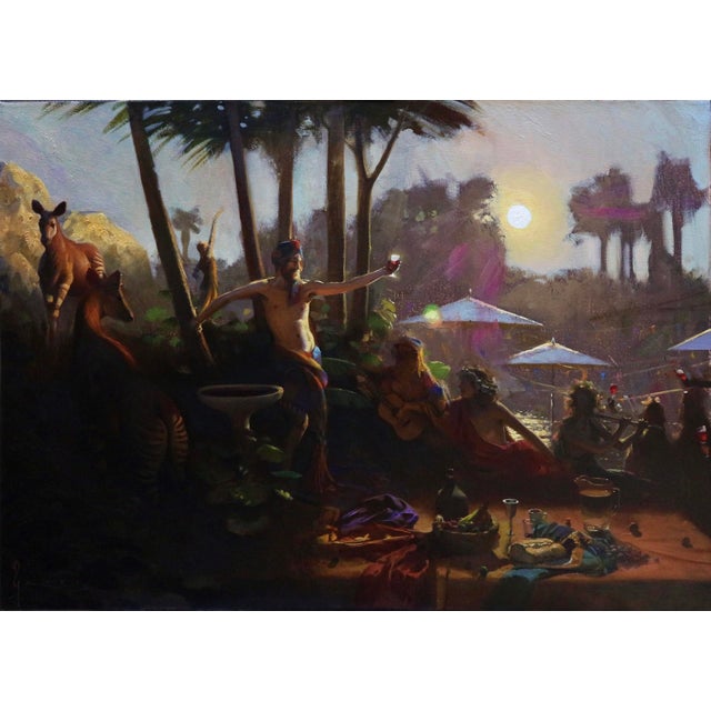 Lenaia depicts a vibrant celebration set against a lush landscape, where figures engage in revelry under the glow of a...