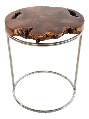 Modern Live Edge Wood Slab and Chrome Side Table