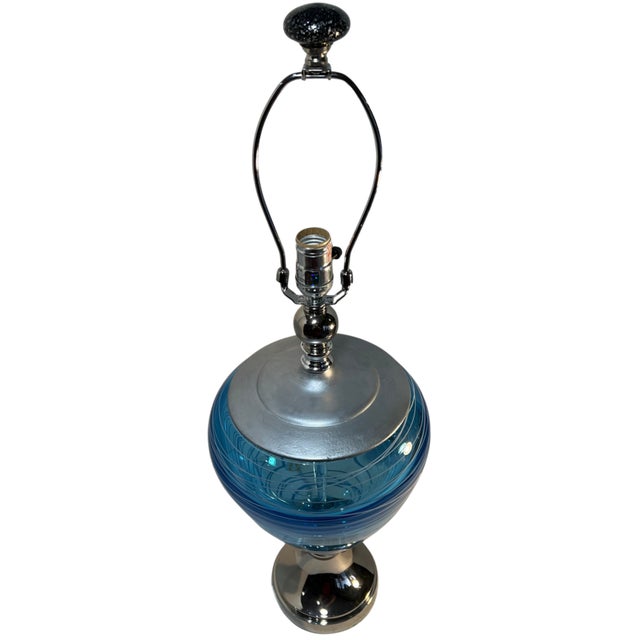 Early 21st Century Art Glass Aqua Blue White Swirl Table Lamp For Sale - Image 5 of 18
