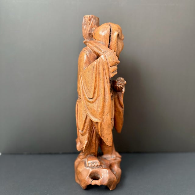 Wood Hand Carved Wood Happy Buddha Statue With Candle Holder For Sale - Image 7 of 12