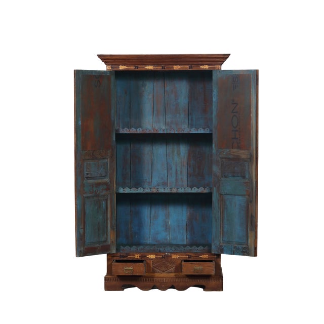 Antique Indian Carved Teakwood, Marquetry, and Painted on Glass Panels Armoire For Sale In Santa Fe - Image 6 of 7