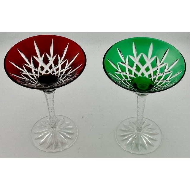 Mid 20th Century Stunning Set of 5 Large Vintage Mid Century 2 Color Overlay Deep Hand Cut to Clear Martini & Wine Glasses For Sale - Image 12 of 18