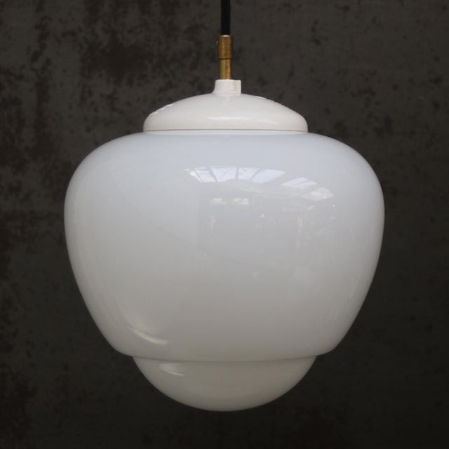 Bauhaus Vintage Industrial White Opaline Glass Pendant Light For Sale - Image 3 of 8