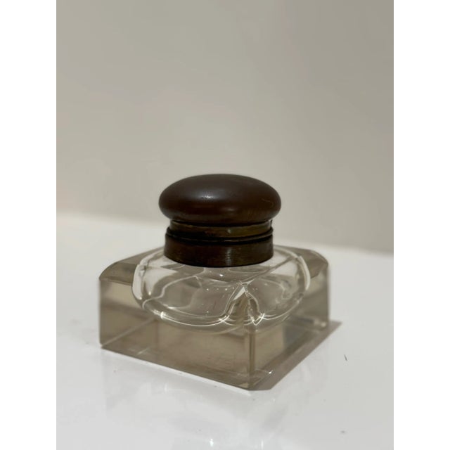 American Hensa Marked Glass & Brass Inkwell With Domed Lid (C. 1920s–30s) For Sale - Image 3 of 9