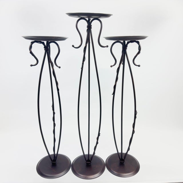 Black Hand Forged Iron Floor Pedestal Set of 3 (131cm & 115cm) Antique Bronze Finish Candle Holder & Plant Stand Floral Display For Sale - Image 8 of 8