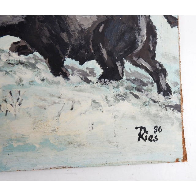 Vintage oil on masonite painting of wild boars in snow covered forest. Signed Ries 1986 lower right corner. Unframed, edge...