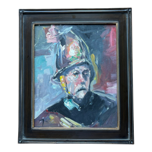 2018 Abstract Oil Portrait “The Helmet” by Jose Trujillo in Dark Wood Frame