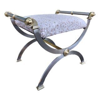 Vintage Hollywood Regency Brass and Nickel Curule Bench in Leopard Velvet For Sale