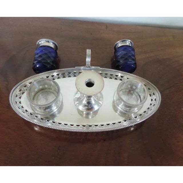 18th Century Old Sheffield Plate Silver on Copper Edwardian Ink Well Standish with Cobalt Glass Ink Pots For Sale - Image 5 of 11