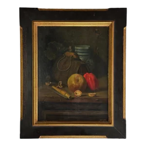 Antique 19th Century Dutch Style Continental Still Life With Key, Pocket Knife, Walnut and Bag, Signed (Oil on Board, Framed)