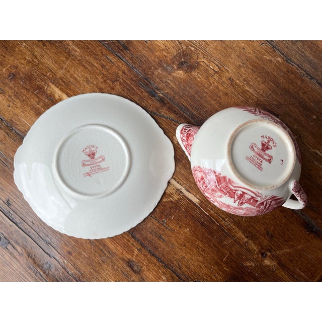 Mason's Pink Vista Pattern Ironstone Collection Antique and Vintage Serveware Gravy and Saucer Set For Sale In Dallas - Image 6 of 9