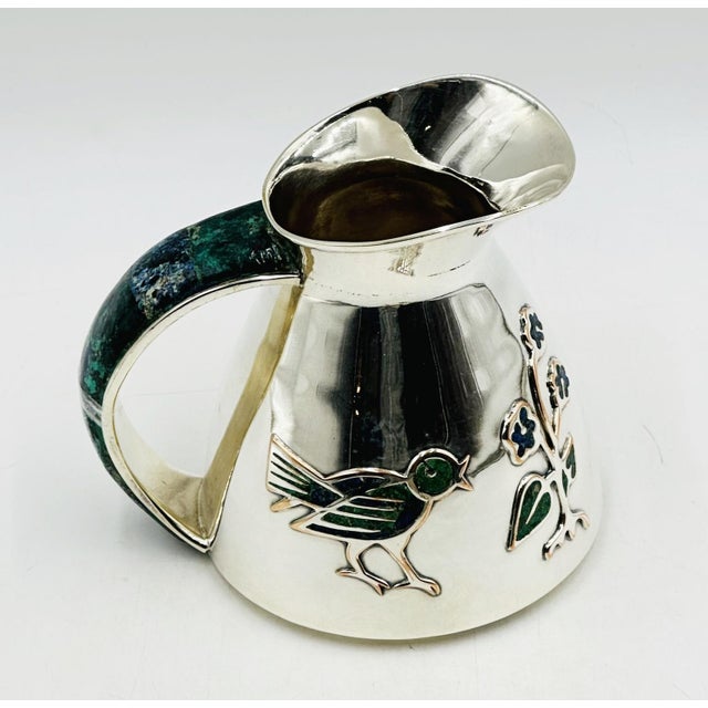 Mexican 1960s Los Castillo Taxco Malachite & Silver Plate Bird Pitcher For Sale - Image 3 of 15