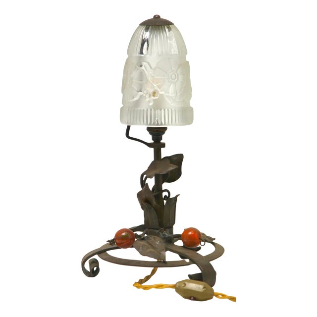 Art Nouveau French Wrought Iron Lamp with Glass Shade, 1920s For Sale