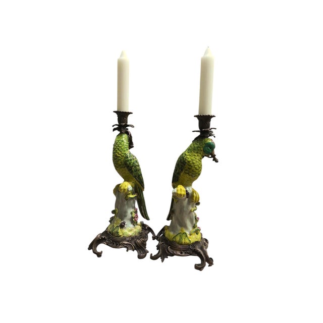 Rococo Mid 20th Century Brass Mounted Parrot Candlesticks- a Pair For Sale - Image 3 of 8