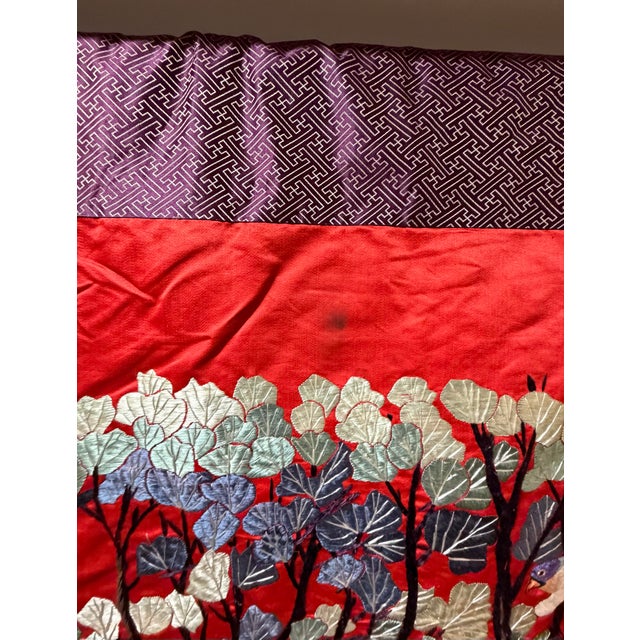 Vintage Large Chinese Red Silk Hand-Embroidered Deer & Pine Tree Longevity Tapestry - 7' X 3' For Sale In Baltimore - Image 6 of 10