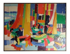 Sarah Leonard Krepp Large Mid-Century Modern Boats Painting