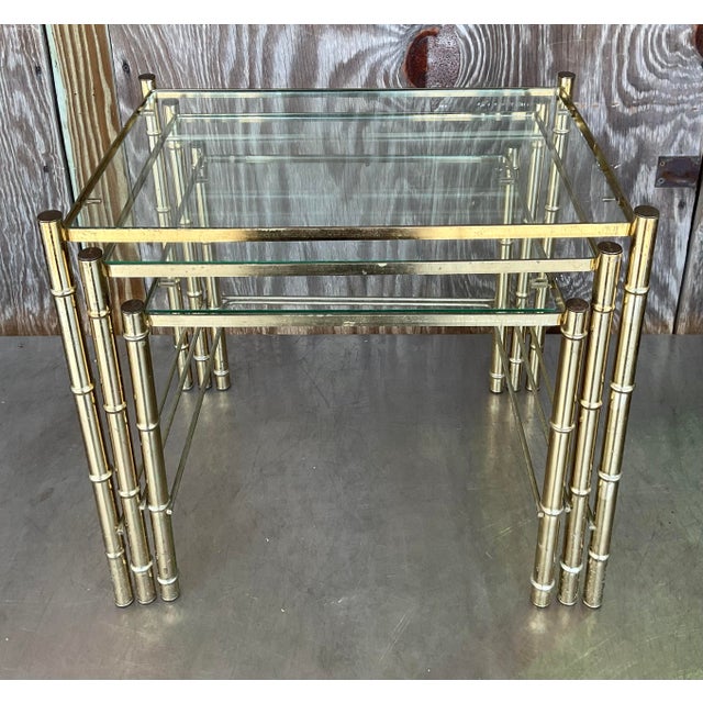 Boho Chic Late 20th Century Vintage Boho Brass Bamboo Nesting Tables - Set of 3 For Sale - Image 3 of 7