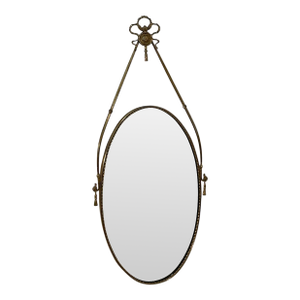 Italian Neoclassical Oval Mirror With Brass Ribbon and Tassel Detailing, 1950s