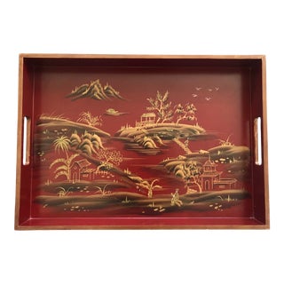 Chinoiserie Red Rectangular Coffee Table Tray, Gold Accents For Sale