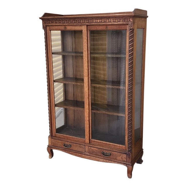Antique Carved Quartered Oak Paine's Furniture Sliding Glass Door Bookcase C1890-1910 For Sale