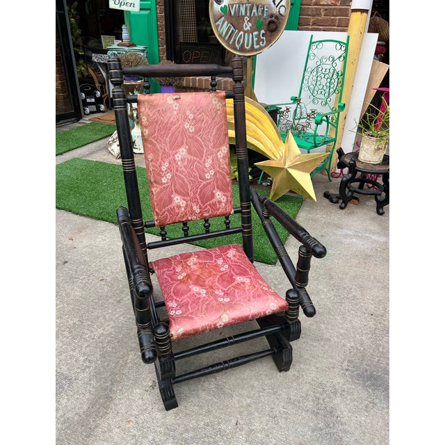 1800s Spool Wooden Rocking Chair With Red Cushions For Sale In Atlanta - Image 6 of 8
